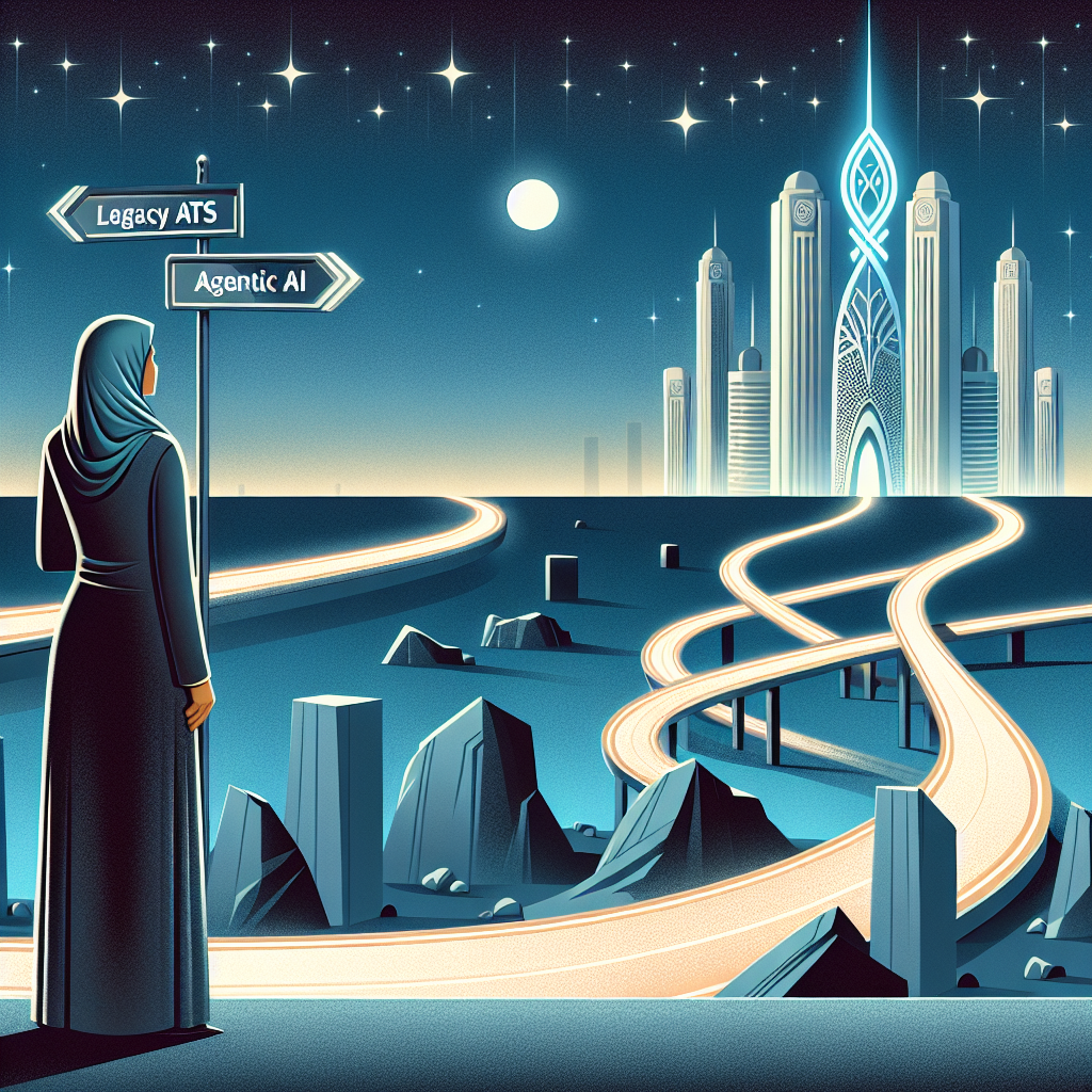 Choosing Your Recruitment Path Illustration of a recruiter at a crossroads, choosing between a rocky 'Legacy ATS' path and a smooth, glowing 'Agentic AI' superhighway leading to success.