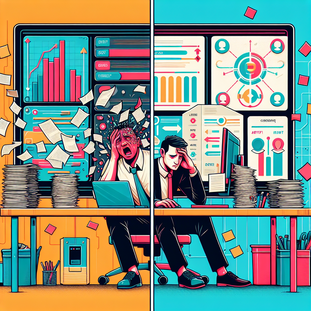 The Cost of Outdated Recruiting Software A split-panel illustration contrasting an overwhelmed recruiter with manual paperwork versus a confident recruiter using modern AI recruiting software.