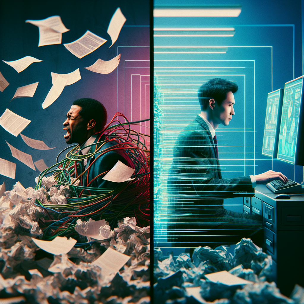 The Evolution of Recruitment Technology A split-screen image contrasting a chaotic legacy ATS with an efficient AI Agentic ATS. The left shows a frustrated recruiter buried in paperwork; the right shows a calm recruiter using a sleek AI interface to source candidates.