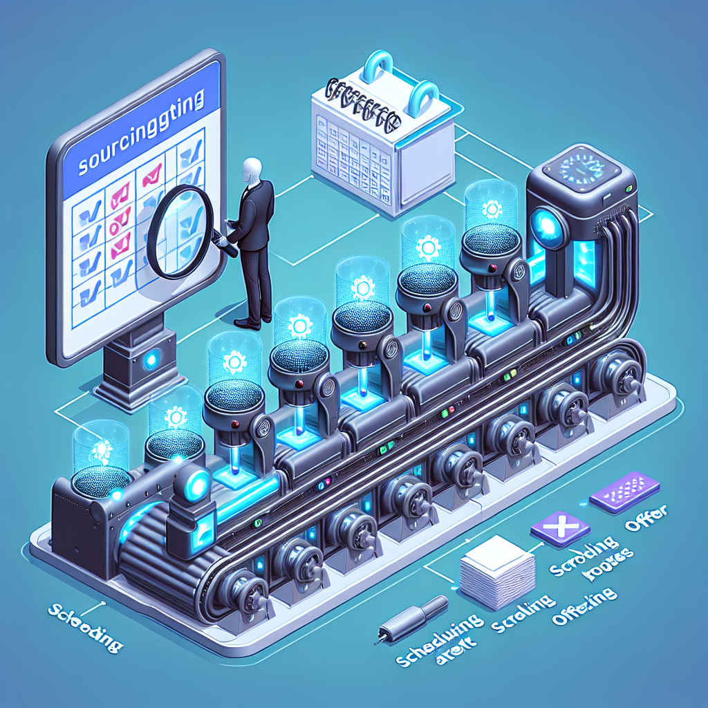 The Modern Hiring Engine Isometric illustration of a modern hiring engine, showing an AI agent overseeing the automated process of sourcing, screening, scheduling, and making offers to candidates.