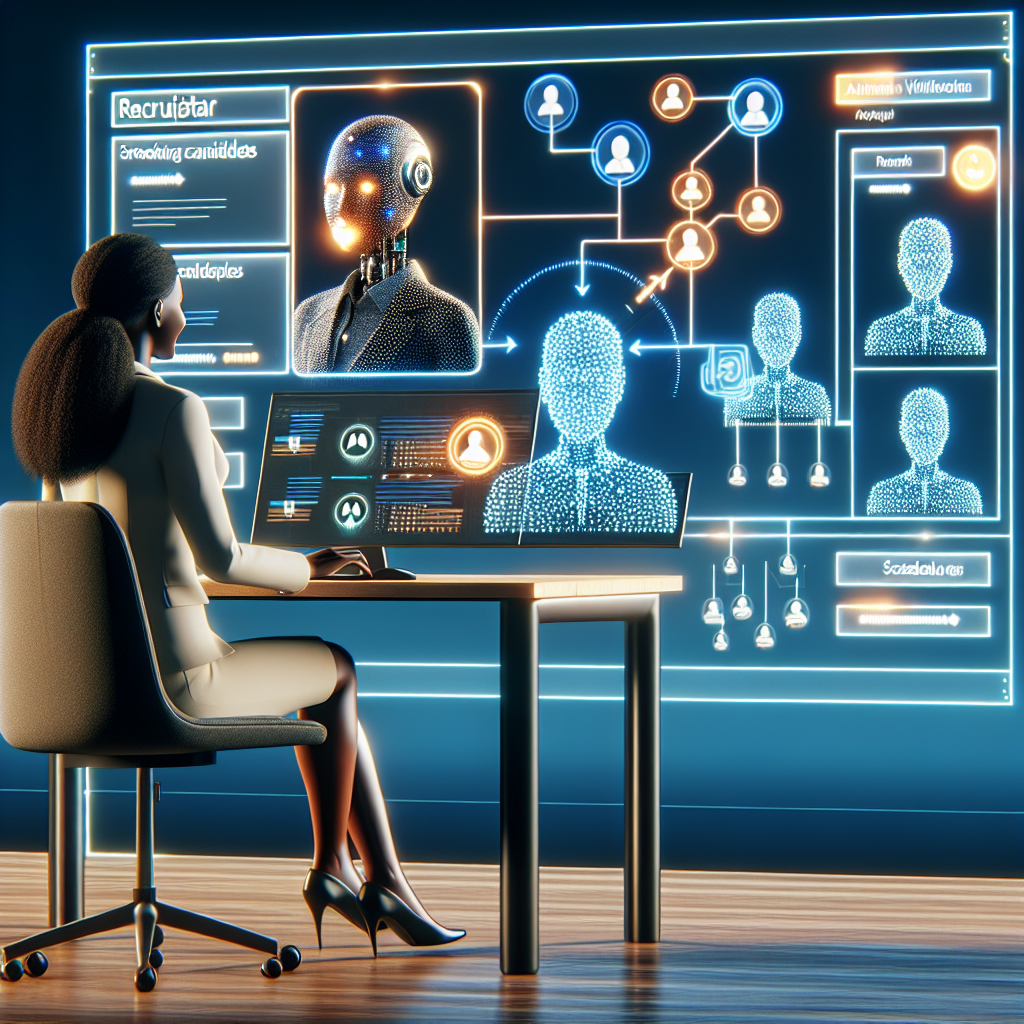 Your Autonomous AI Recruiting Partner 3D illustration of a recruiter smiling as an AI robot agent autonomously manages the recruiting workflow on a digital screen, showing sourcing, screening, and scheduling.
